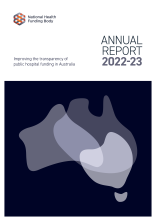 Front cover of the NHFB Annual Report 2022-23, displaying a digital image of Australia made up of dark blue layered shapes of varying transparencies. 